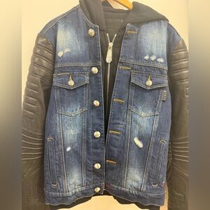 Philipp Plein Blue Denim and Black Leather Bomber Jacket LIMITED EDITION